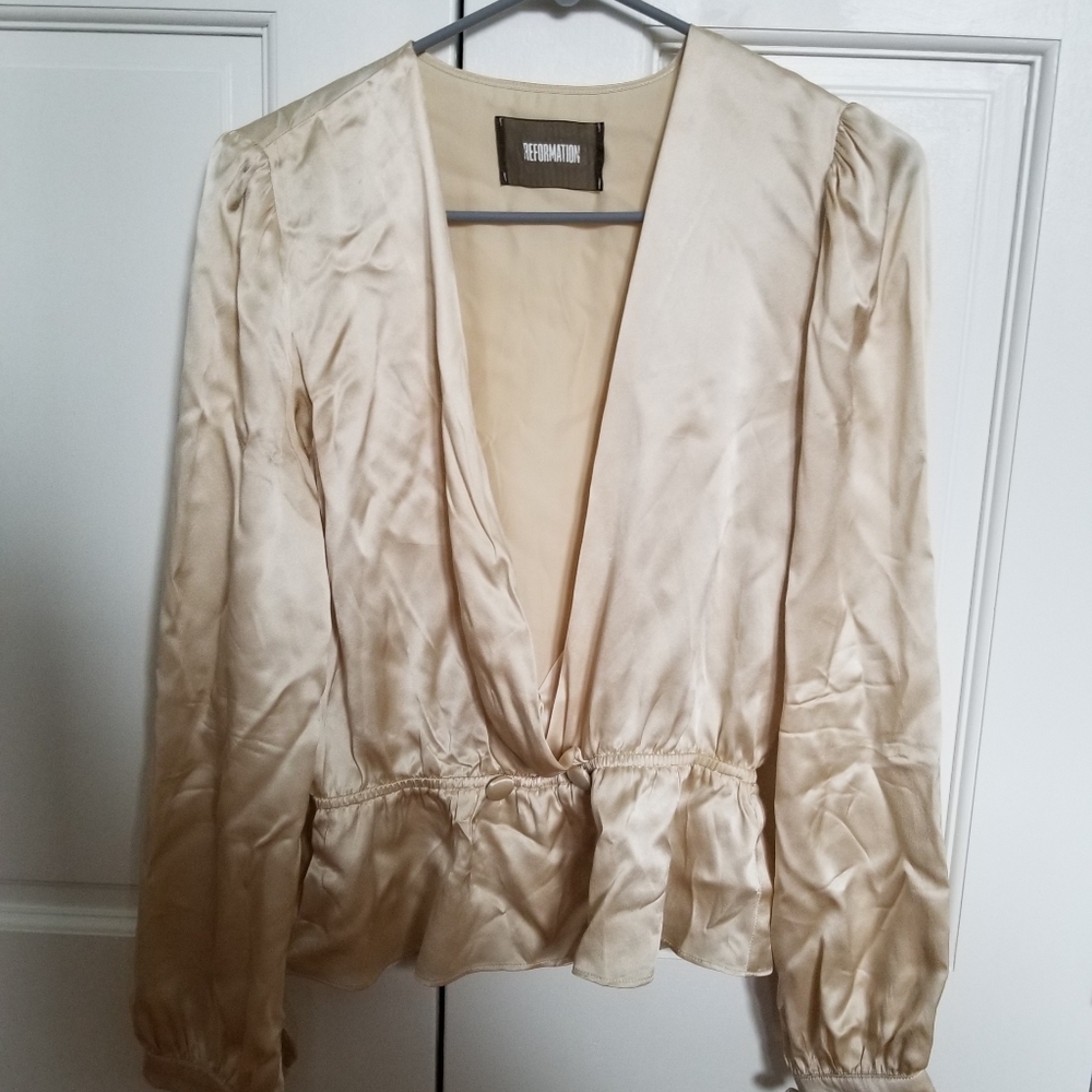 Beige Reformation silk blouse
